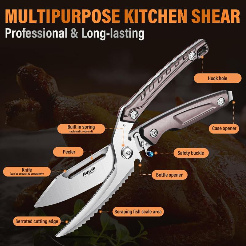 Huusk Heavy Duty Poultry Kitchen Scissors - Stainless Steel Kitchen Shears with Serrated Edge for Meat, Chicken, and Turkey Cutting, Quick Meat Scissors, Blackfriday/Christmas Gifts